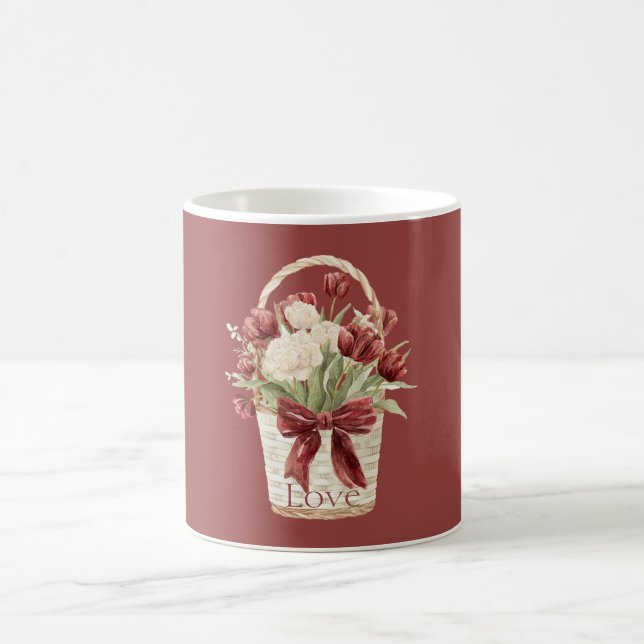 Caneca De Café Cesto de Flores Tulipas Brancas Vermelhas (Centro)