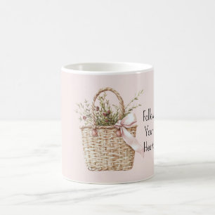 Caneca De Café Cesto de Rosas Vermelhas com Laço Rosa