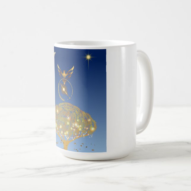 Caneca De Café Céu azul: estrelas, um pássaro e sua árvore ouro (Frente Esquerda)