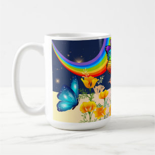 Caneca De Café Céu noturno, arco-íris, borboletas e flores