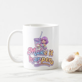 Caneca De Café Chá Boba Mágico Garotinha Chibi - "Faça Acontecer"