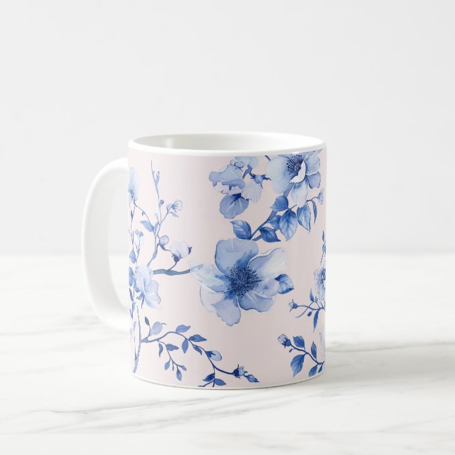 Caneca De Café Chá de Noiva Romântico com Flores em Rosa e Azul (Frente Esquerda)