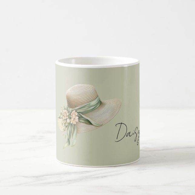 Caneca De Café Chapéu Creme com Fita Verde e Flores de Pêssego (Centro)