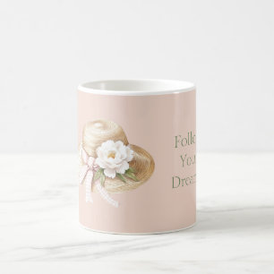 Caneca De Café Chapéu Creme Laço Rosa Flor Branca