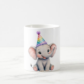 Caneca De Café Chapéu de Aniversário de Elefante Bebê Aquarela Fo