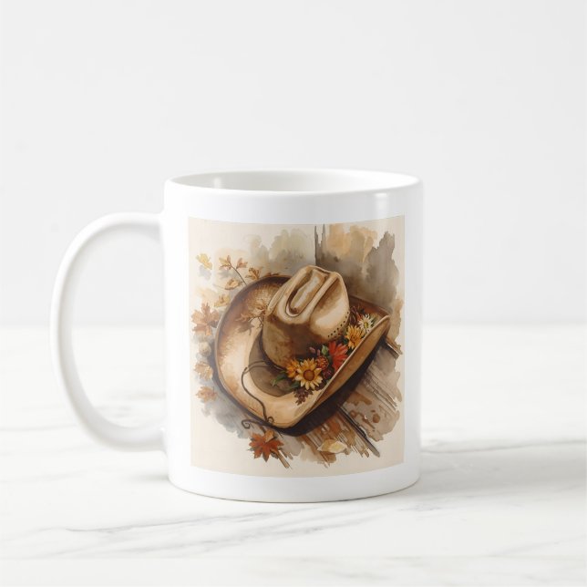 Caneca De Café Chapéu de Cowboy Outono Rústico com Flores (Esquerda)