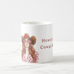 Caneca De Café Chapéu de Cowgirl Cabelo Vermelho Corações Rosa Óc