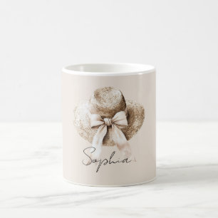 Caneca De Café Chapéu de Verão Creme Lindo Laço Rosa