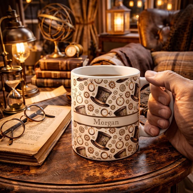 Caneca De Café Chapéu Steampunk Vitoriano Personalizado e Nome em (Criador carregado)