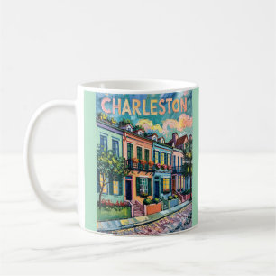 Caneca De Café Charleston Rainbow Row SC Colorido Van Gogh Retro