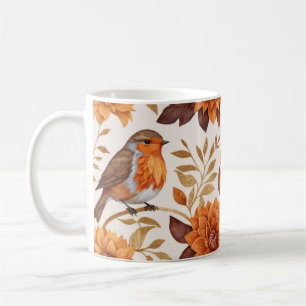 Caneca De Café Charme de outono com Robins e Elegância Floral