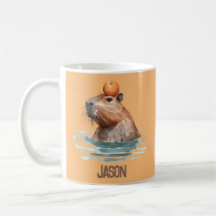 Caneca De Café Charmoso Capybara com laranja e nome infantil