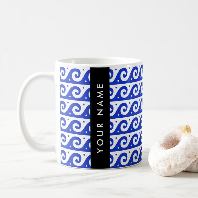 Caneca De Café Chave Grega Meander, Chave Wave, Azul, Seu Nome (Com Donut)