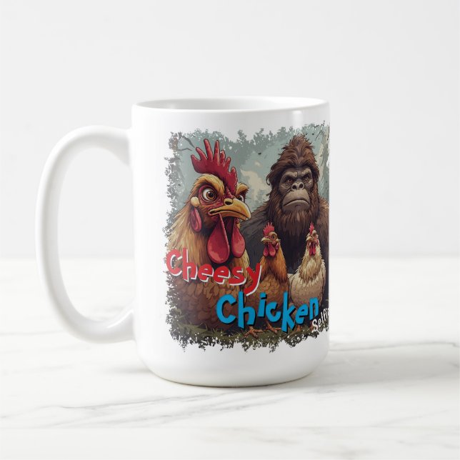Caneca De Café "Cheesy Chickens Posen With Bigfoot" Mug (Esquerda)