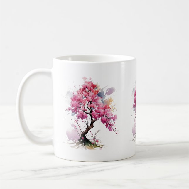 Caneca De Café Cheio Bloomia Sakura Cerejeira Flor Árvore Aquarel (Esquerda)