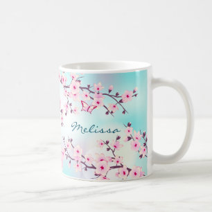 Caneca De Café Cherry Blossomo Turquesa Rosa Monograma