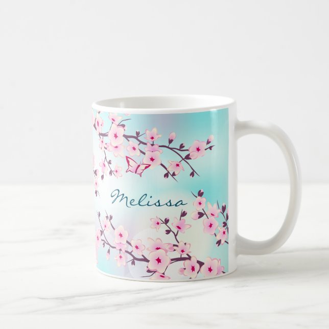 Caneca De Café Cherry Blossomo Turquesa Rosa Monograma (Direita)