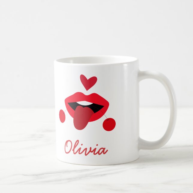 Caneca De Café Cherry Red Lábios com língua Nome personalizado (Direita)