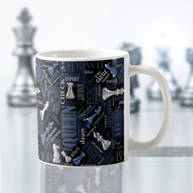 Caneca De Café Chess Termos e Peças Prateadas e Azul ID784 (Criador carregado)