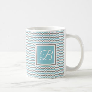 Caneca De Café Chevron Cinza Azul Branco Monograma