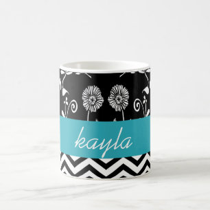 Caneca De Café Chevron Personalizado e Teal Floral Branco e Preto