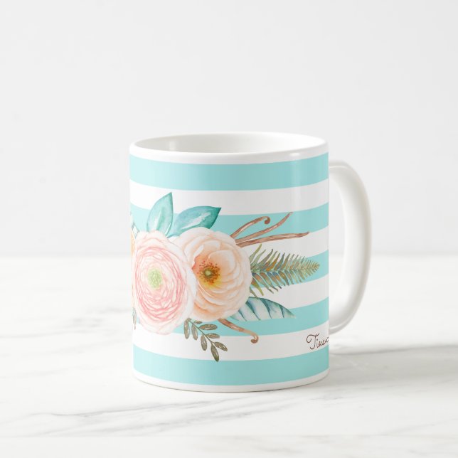 Caneca De Café Chic Aqua Stripes Feminine Floral e Nome (Frente Esquerda)