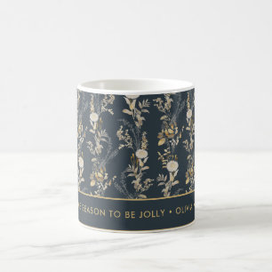 Caneca De Café Chic Azul e Dourado Floral Personalizado Mugs de M