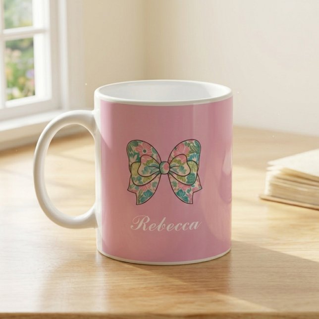 Caneca De Café Chic Pink Bow Personalized Name Two-Tone Mug  (Criador carregado)