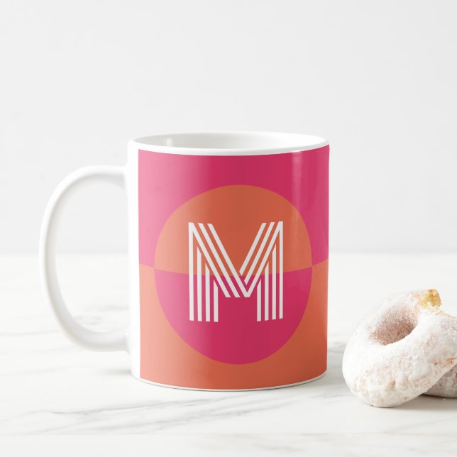 Caneca De Café Chic Pink Orange Geometric Modern Monogram (Com Donut)