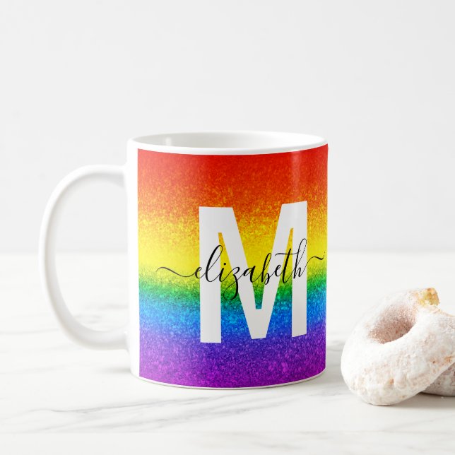 Caneca De Café Chic Rainbow Glitter Strike Monograma Nome (Com Donut)