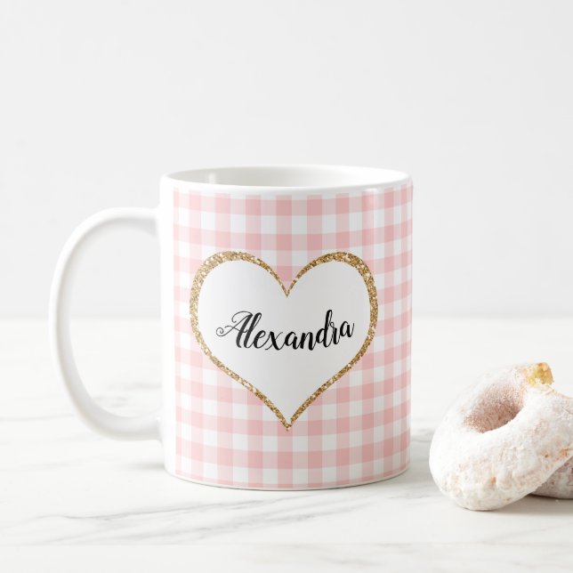 Caneca De Café Chic Script Girly Pink White Gingham Nome Personal (Com Donut)