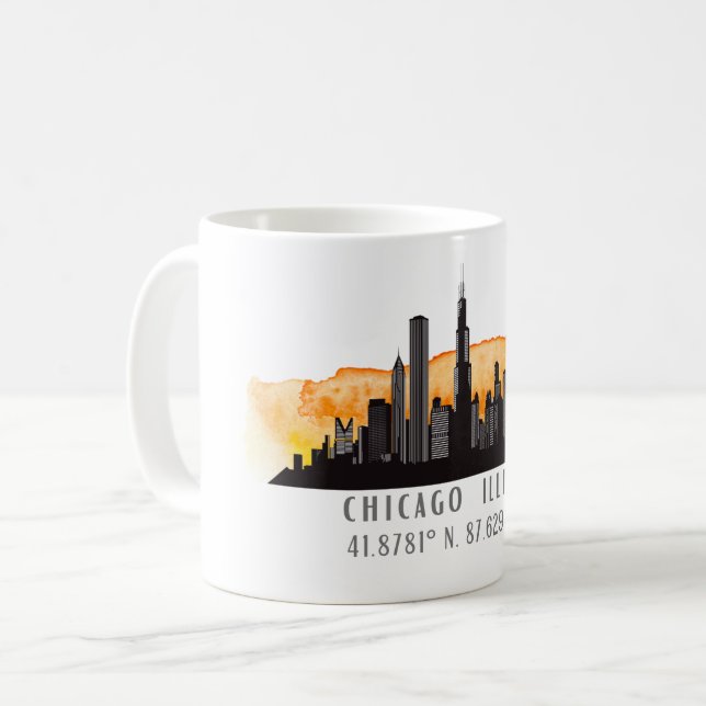 Caneca De Café Chicago Skyline Latitude & Longitude (Frente Esquerda)