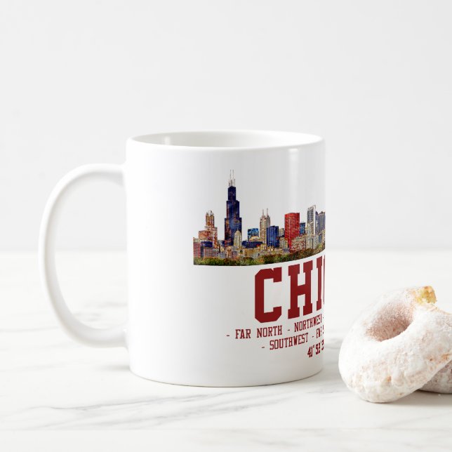 Caneca De Café Chicago Skyline. Nomes e coordenadas de área (Com Donut)
