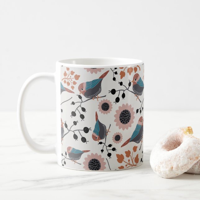 Caneca De Café Chickadee Bird E Berry Floral Pattern Design (Com Donut)