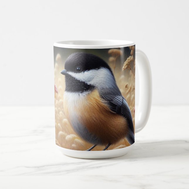 Caneca De Café Chickadee Perchido na Cerca (Frente Esquerda)