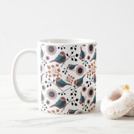 Caneca De Café Chickadees Berries Flores Azuis Cor-de-Rosa