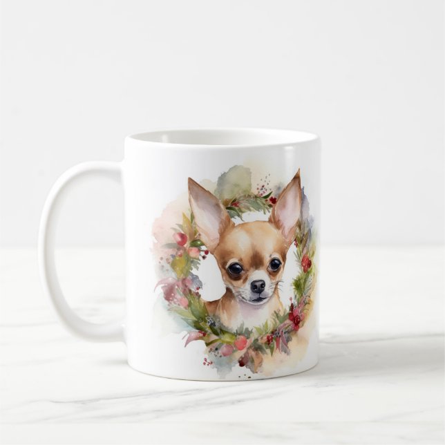 Caneca De Café Chihuahua Christmas Wreath Festivo Pup (Esquerda)