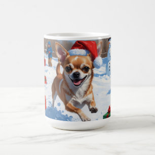 Caneca De Café Chihuahua Correndo na Neve com Chapéu de Natal