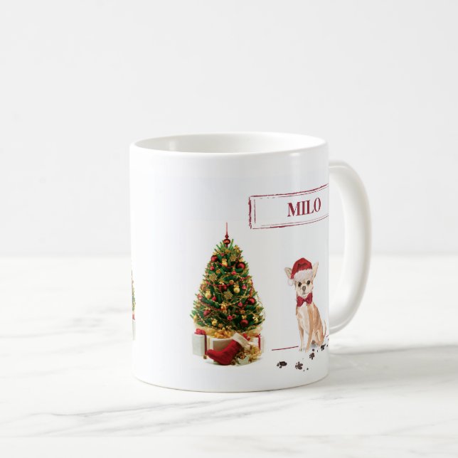 Caneca De Café Chihuahua Engraçado Cachorro de Natal com Árvore (Frente Esquerda)