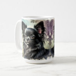 Caneca De Café Chihuahua Preto de Cabelo Longo em Aquarela
