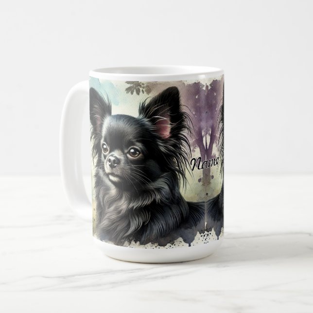 Caneca De Café Chihuahua Preto de Cabelo Longo em Aquarela (Frente Esquerda)