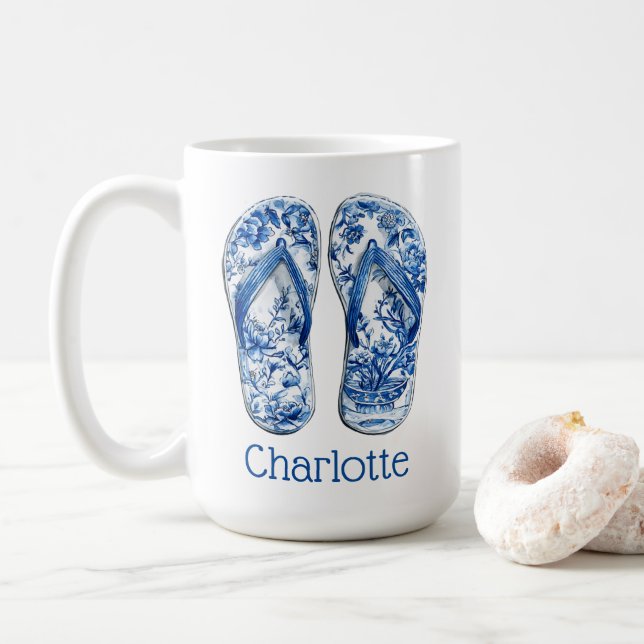 Caneca De Café Chinelos Azul e Branco de Chinoiserie em Listras (Com Donut)