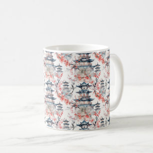 Caneca De Café Chinoiserie Pagode Azul Floral Rosa Blossom