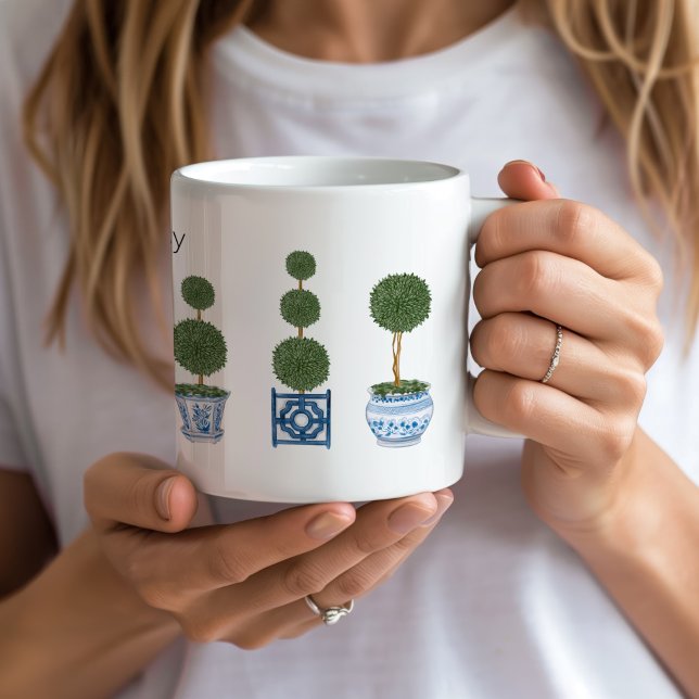 Caneca De Café Chinoiserie Topiary Tree Trio Cerâmica (personalized topiary tree chinoiserie mug custom name)