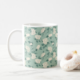 Caneca De Café Chique Elegante Rosas Brancas Vintage Estiloso