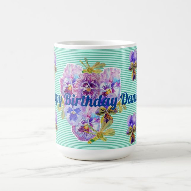 Caneca De Café chique Turquoise Aqua Pansy floral Mug (Centro)