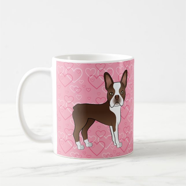 Caneca De Café Chocolate Brown Boston Terrier Dog Em Corações Ros (Esquerda)
