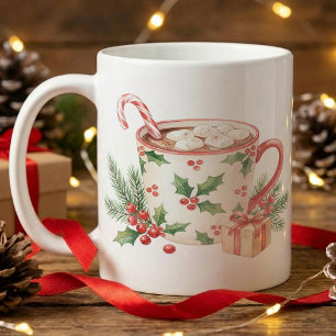 Caneca De Café Chocolate Quente de Natal Hortelã Aguarela Doce