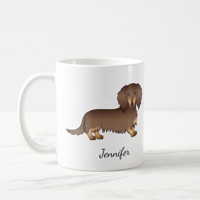 Caneca De Café Chocolate & Tan Long Hair Dachshund Cão & Nome (Esquerda)