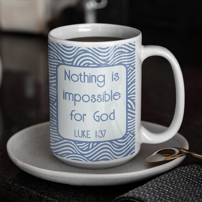 Caneca De Café Christian Scripture Luke 1:37 Blue Wavy Pattern (Criador carregado)